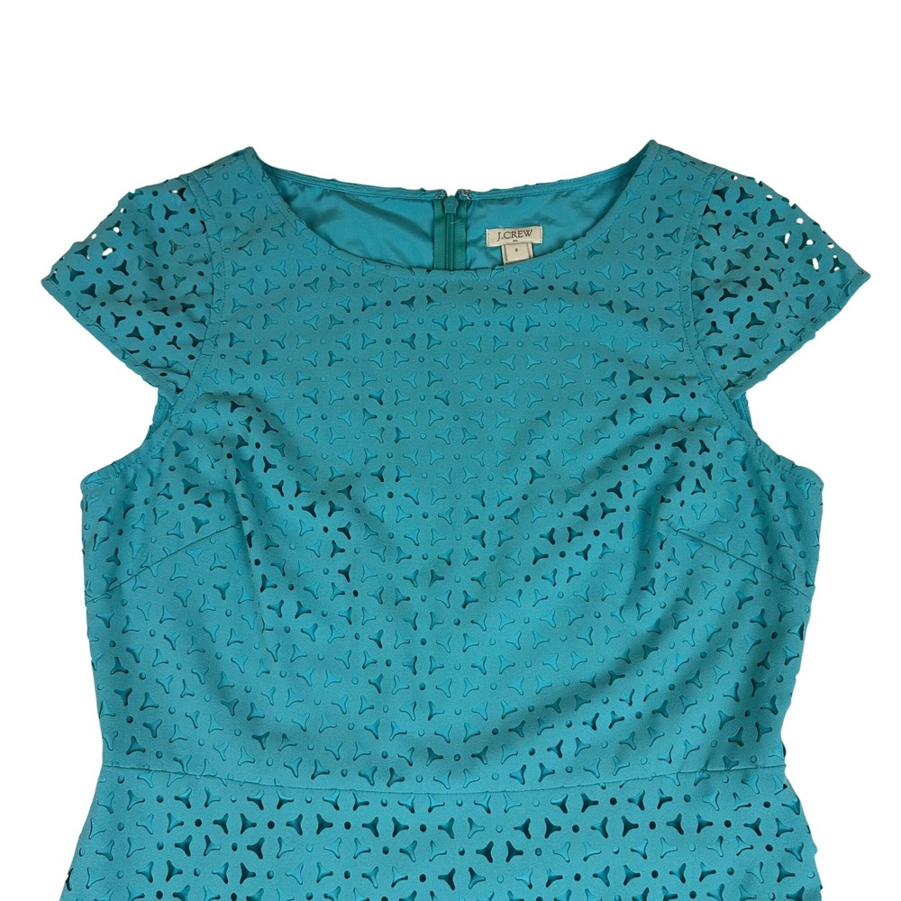 J.Crew Teal Blue Laser Cut Eyelet Fit and Flare Dress Cap Sleeve E8400 Size 8